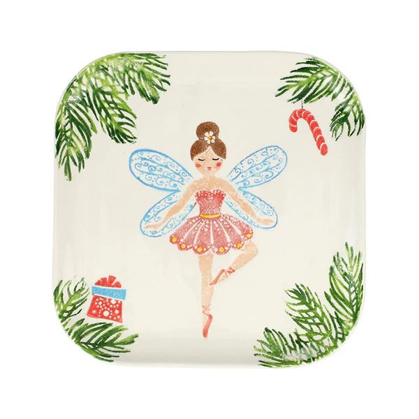 VIETRI NUTCRACKERS SUGAR PLUM FAIRY SQUARE PLATTER featuring a hand-painted Sugar Plum Fairy, evergreen branches, a candy cane, and a gift box.