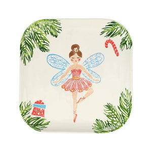 VIETRI NUTCRACKERS SUGAR PLUM FAIRY SQUARE PLATTER featuring a hand-painted Sugar Plum Fairy, evergreen branches, a candy cane, and a gift box.