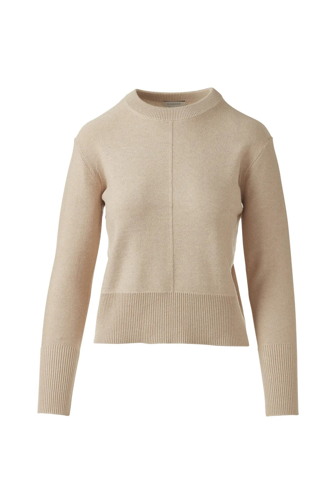 The KINROSS Cashmere Rib Trim Crew Neck Cotton Sweater is a green, long-sleeve pullover with ribbed hem and cuffs, high neckline, central seam detail, and a slightly cropped fit.