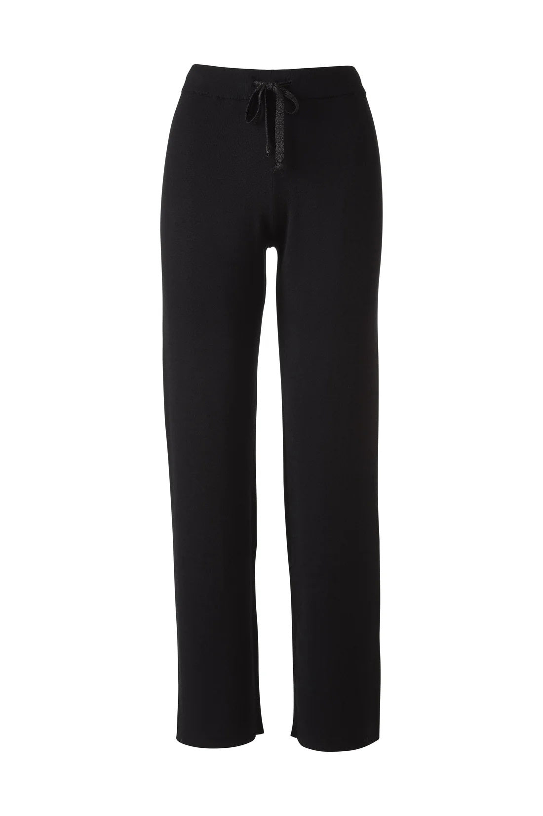 The KINROSS CASHMERE Doubleknit Lurex Drawstring Pant in black features a straight-leg silhouette and luxe cashmere blend for comfortable loungewear, shown on a plain white background.
