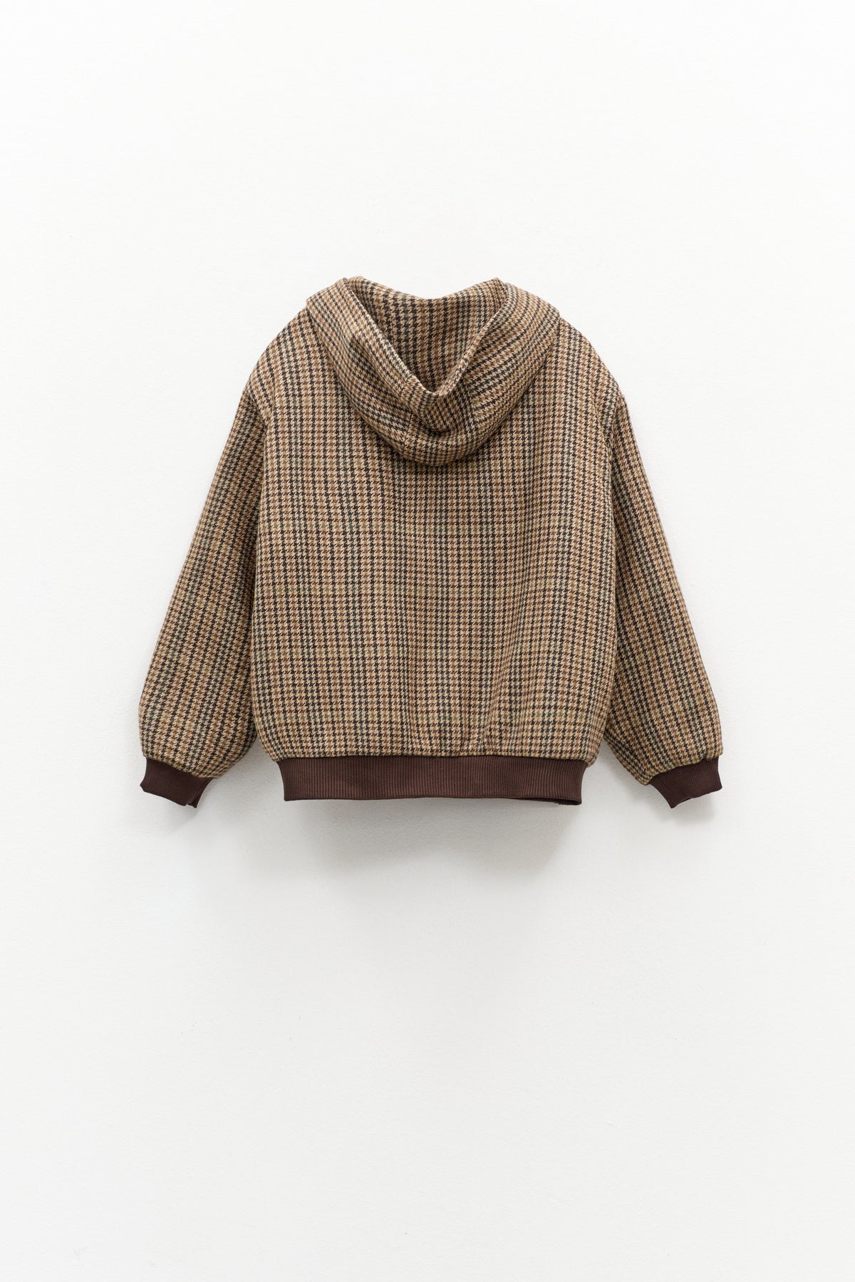 The ELEH - FIRENZE HOODED BOMBER by ELEH is a brown jacket with a classic check pattern, zip-up front, long sleeves, and ribbed cuffs and hem, displayed against a plain white background.