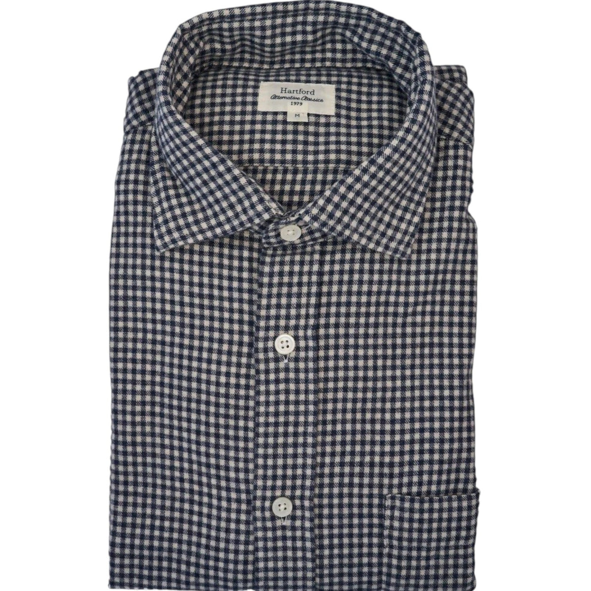 The HARTFORD - PAUL Checked Flannel Shirt in Navy is a men’s cotton flannel shirt featuring a classic blue and white gingham check pattern.