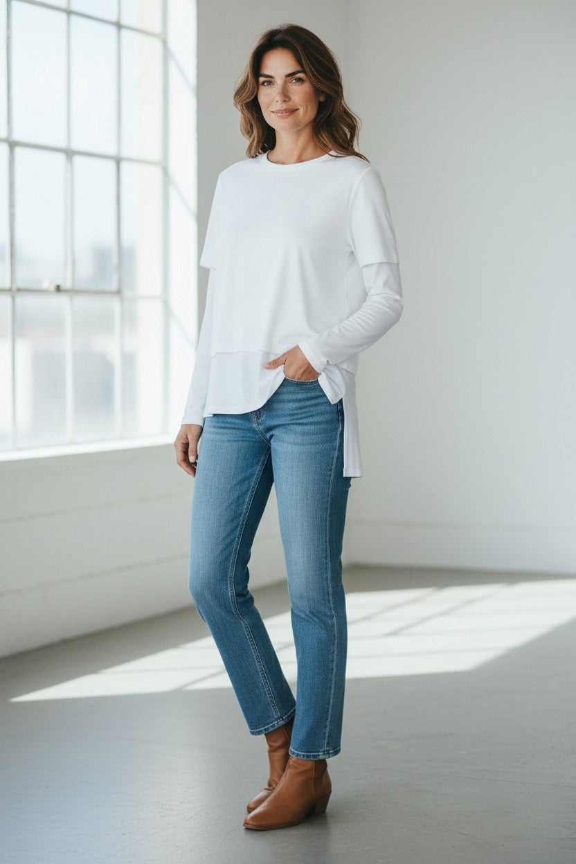 A woman wearing an ELEH - LAYERED LONG AND SHORT SLEEVE T-SHIRT, blue jeans, and tan ankle boots.