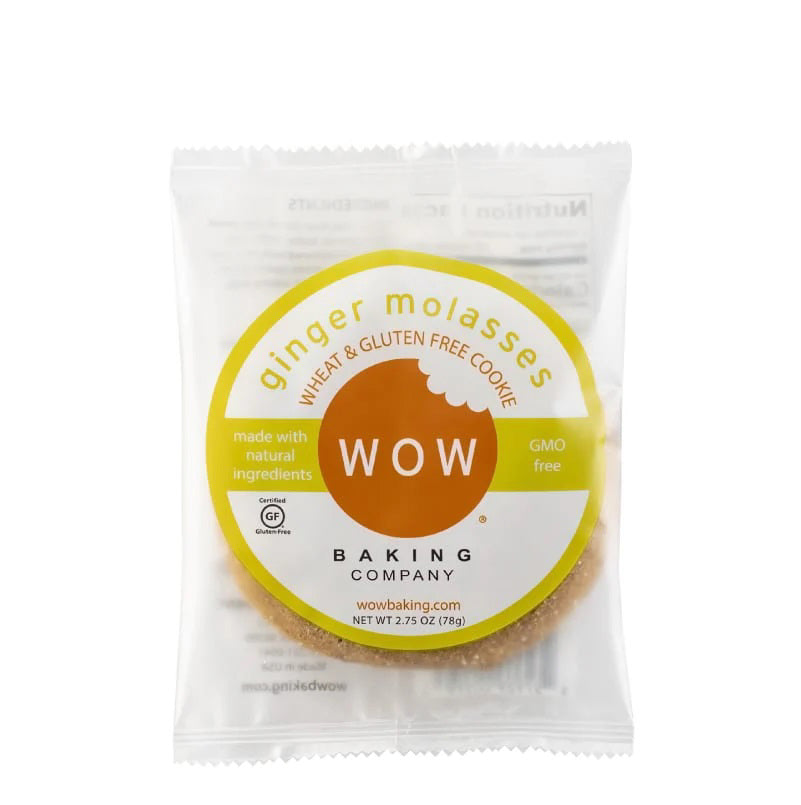 A 2.75 oz (78g) package of the WOW BAKING - GLUTEN FREE GINGER MOLASSES COOKIE from WOW BAKING COMPANY highlights its "made with natural ingredients" and "GMO free" attributes, prominently displays the brand logo in the center, and boasts a rich molasses flavor.