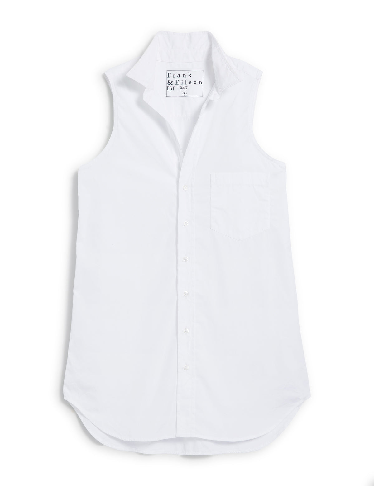 The FRANK AND EILEEN Finley sleeveless button-up is crafted from Italian cotton, featuring a left chest pocket, a slightly curved hem for layering, and a brand label inside the collar reading "Frank &amp; Eileen EST 1947.