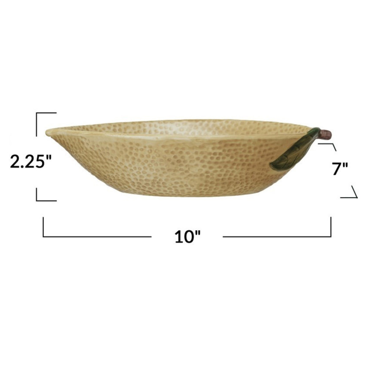 The CREATIVE COOP HAND-PAINTED STONEWARE LEMON SHAPED BOWL, LARGE features a textured yellow finish with a green leaf accent, making it a perfect decorative citrus bowl.