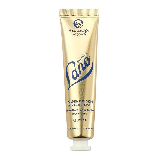A gold tube of LANOLIPS - GOLDEN DRY SKIN MIRACLE SALVE from LANOLIPS, featuring blue text and a white cap. The label states “Made with Love and Lanolin” and describes it as an intensive hydration ointment for all-over use on dry skin.
