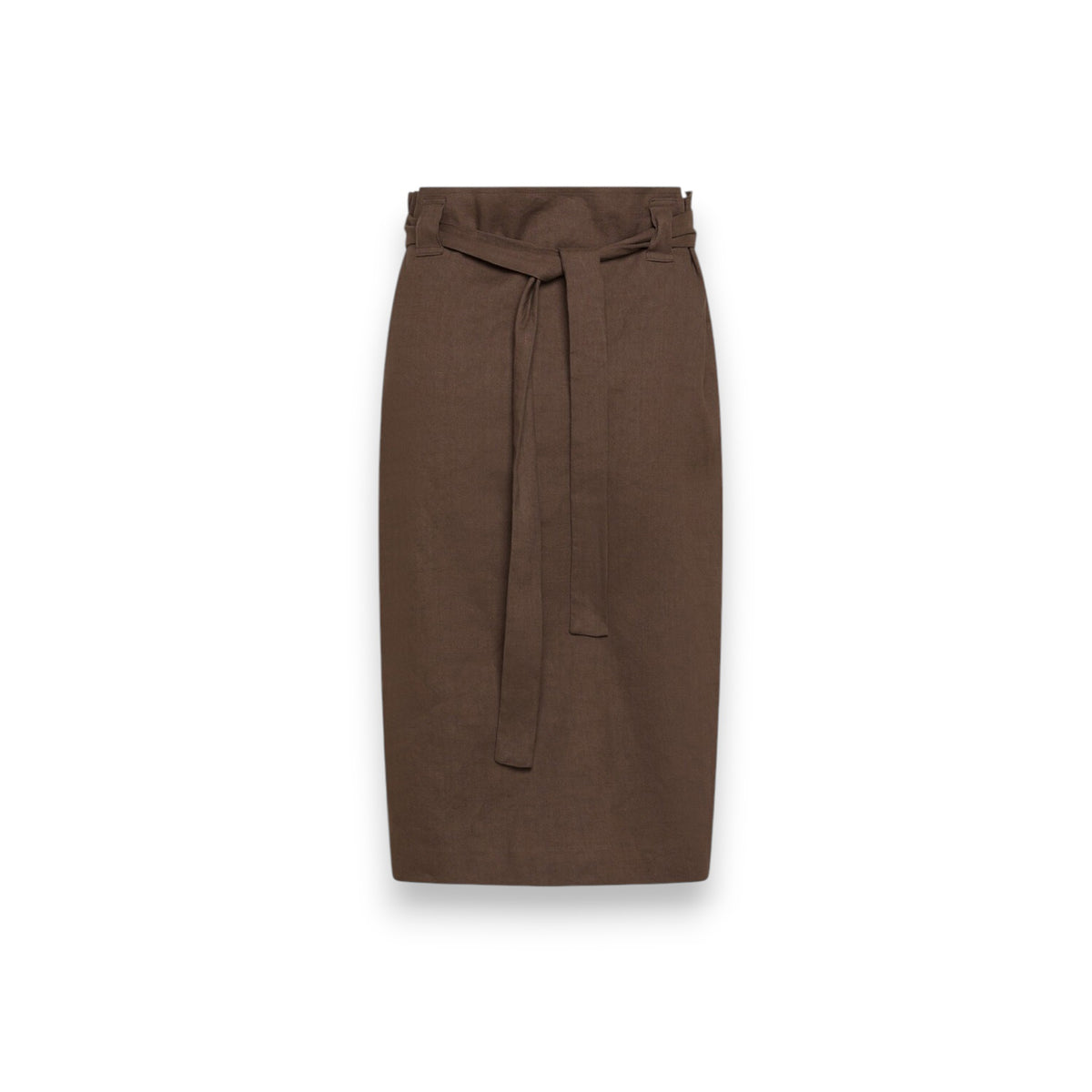 The SEVENTY VENEZIA skirt, a brown high-waisted midi-length with a pencil silhouette, features a matching fabric belt tied at the waist. This piece showcases Italian craftsmanship and is displayed on a white background.