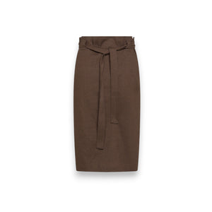 The SEVENTY VENEZIA skirt, a brown high-waisted midi-length with a pencil silhouette, features a matching fabric belt tied at the waist. This piece showcases Italian craftsmanship and is displayed on a white background.