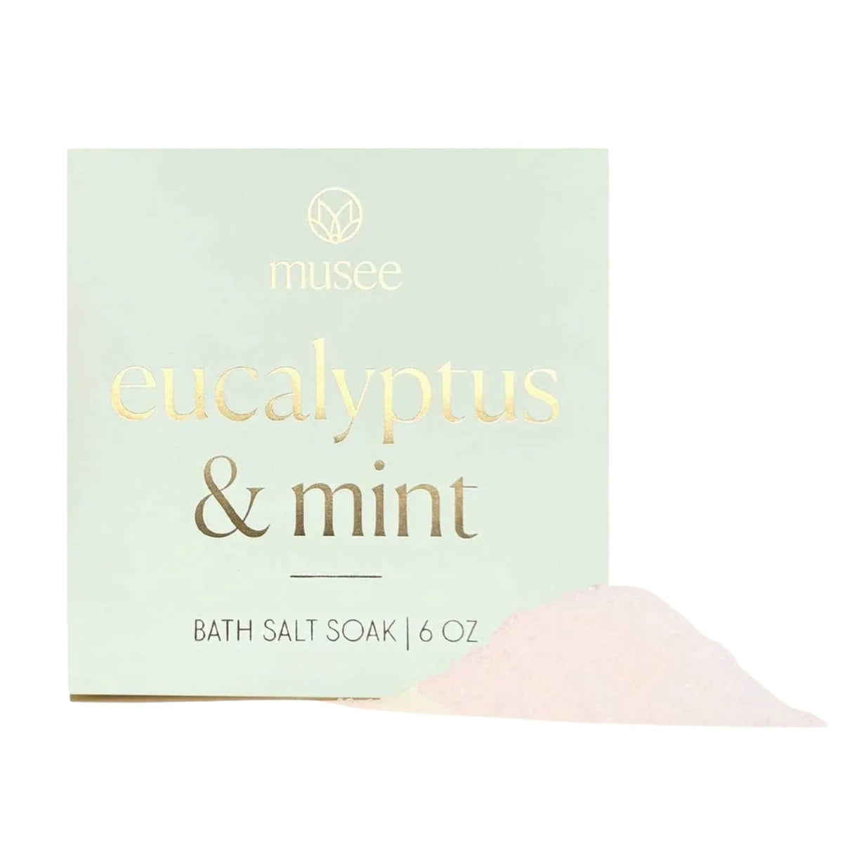 A square package labeled “MUSEE - EUCALYPTUS & MINT MINI BATH SALT SOAK” rests on a tray beside a green succulent, inviting you to enjoy the refreshing aroma of eucalyptus and mint with natural bath products from MUSEE.