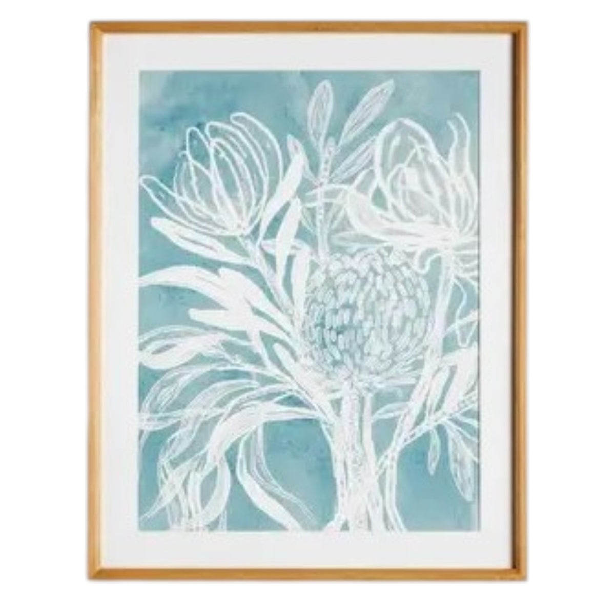 A framed protea abstract print in soft blue by NAPA HOME AND GARDEN, featuring a white floral illustration on a blue background. This botanical wall art is presented in a light wood frame for a fresh, contemporary look—perfect for modern home décor.