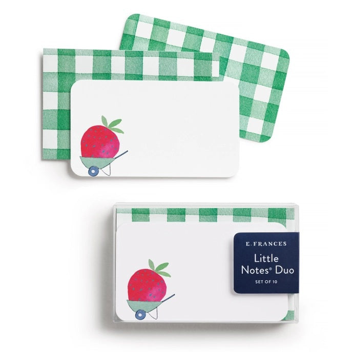 The E. FRANCES - LITTLE NOTES DUO STRAWBERRY card by E. FRANCES PAPER is rectangular with rounded corners and a green and white checkered pattern. “BACK” is printed below, along with small text and a recycling symbol at the bottom center.