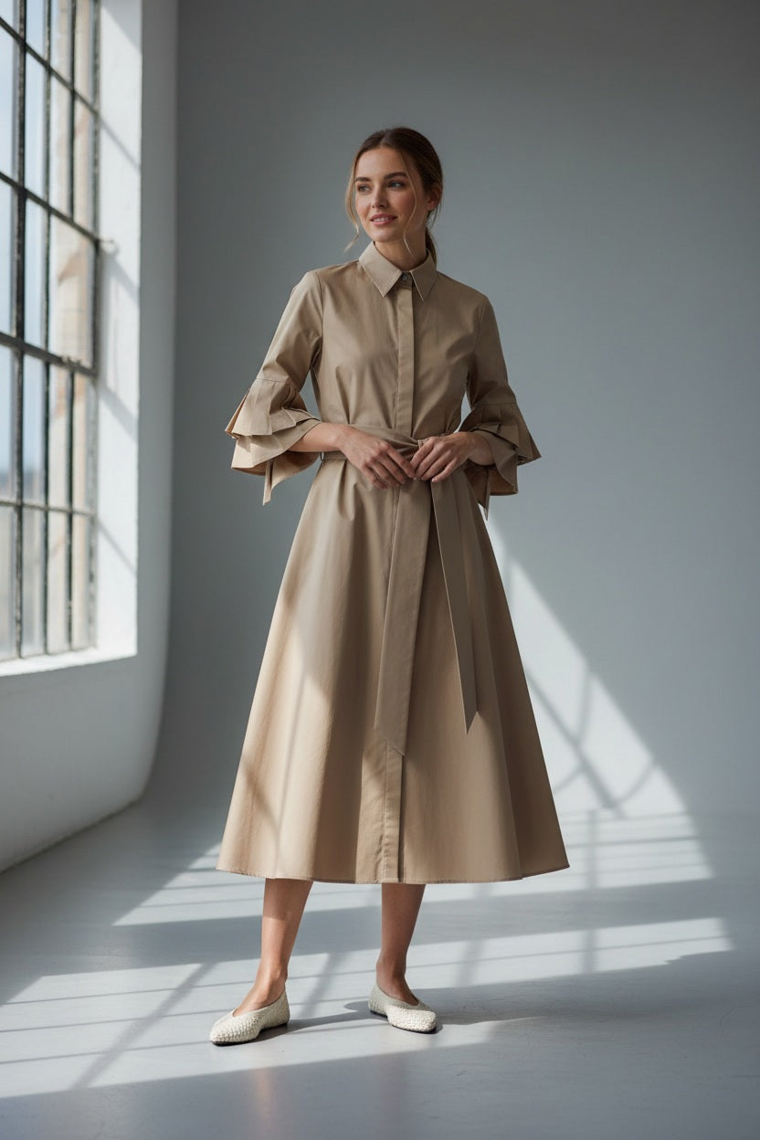 A woman in dark sunglasses and the MILVA MI - COTTON POPLIN DRESS WITH TIERED SCULPTURED SLEEVES by MILVA stands against a gray background, wearing flat woven shoes and sporting short hair.