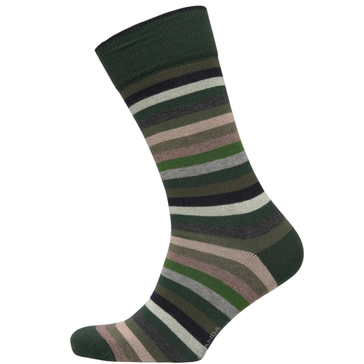 The AMANDA CHRISTENSEN True Block Stripe Mid-Calf Socks in Green, featuring green, beige, brown, and black horizontal stripes, are neatly displayed on a white background.