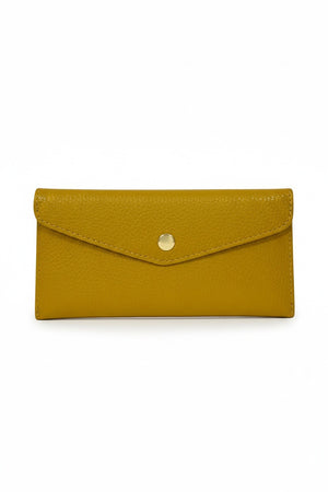 LE BORSETTE LEATHER ENVELOPE STYLE WALLET IN MUSTARD with a snap button closure.