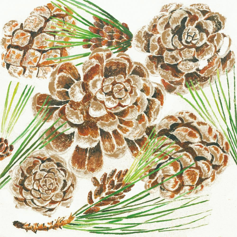 PAPER PRODUCTS DESIGN&#39;s Pommes de Pin Beverage Napkin, featuring pine cones and needles, brings a natural touch to your table setting.