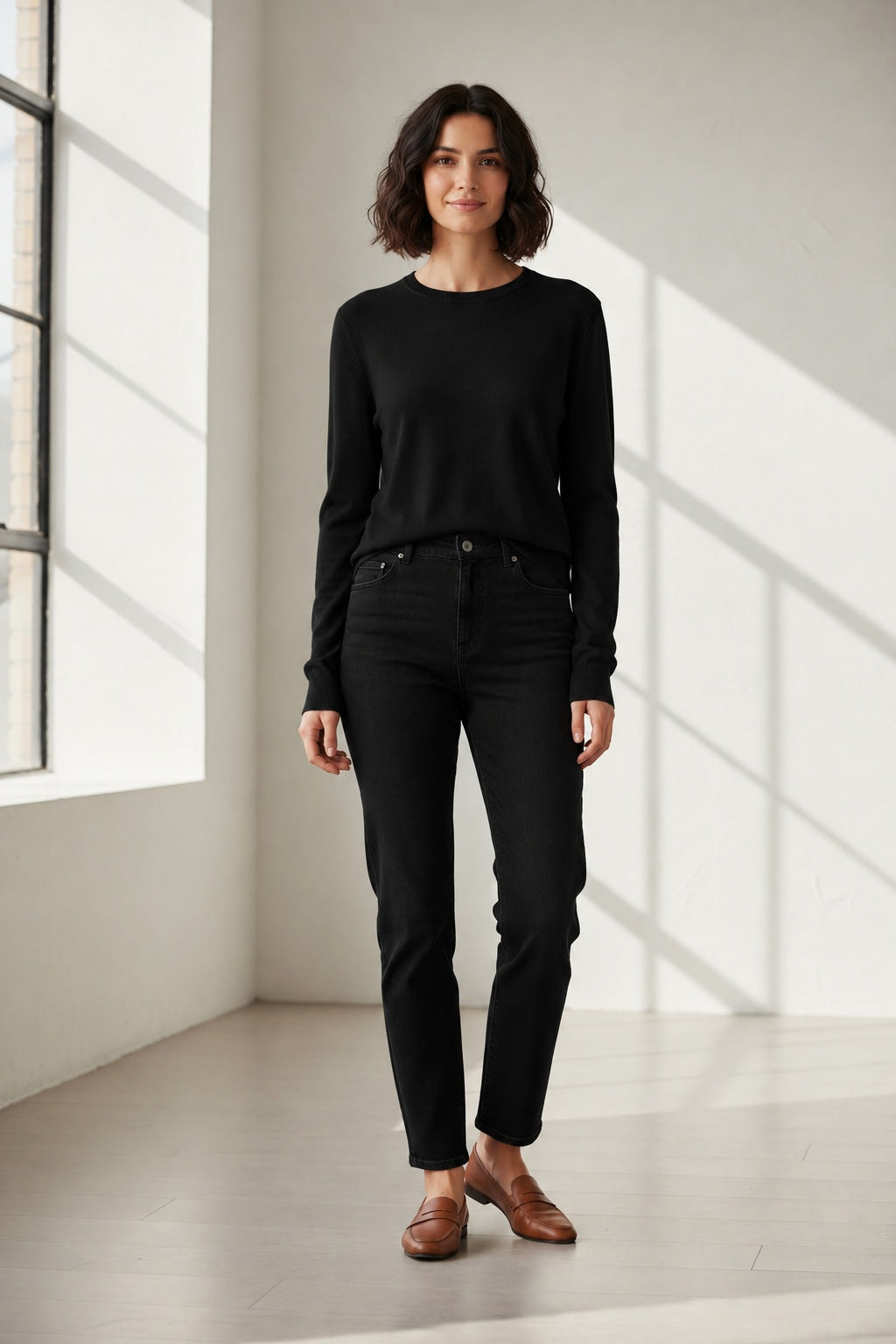 A woman stands indoors in natural light, wearing the SEVENTY VENEZIA - Crew Neck Cotton and Modal Top in Black by SEVENTY. She pairs it with black jeans and brown loafers. With her short wavy hair and gentle smile, she effortlessly showcases a stylish look perfect for everyday wear.
