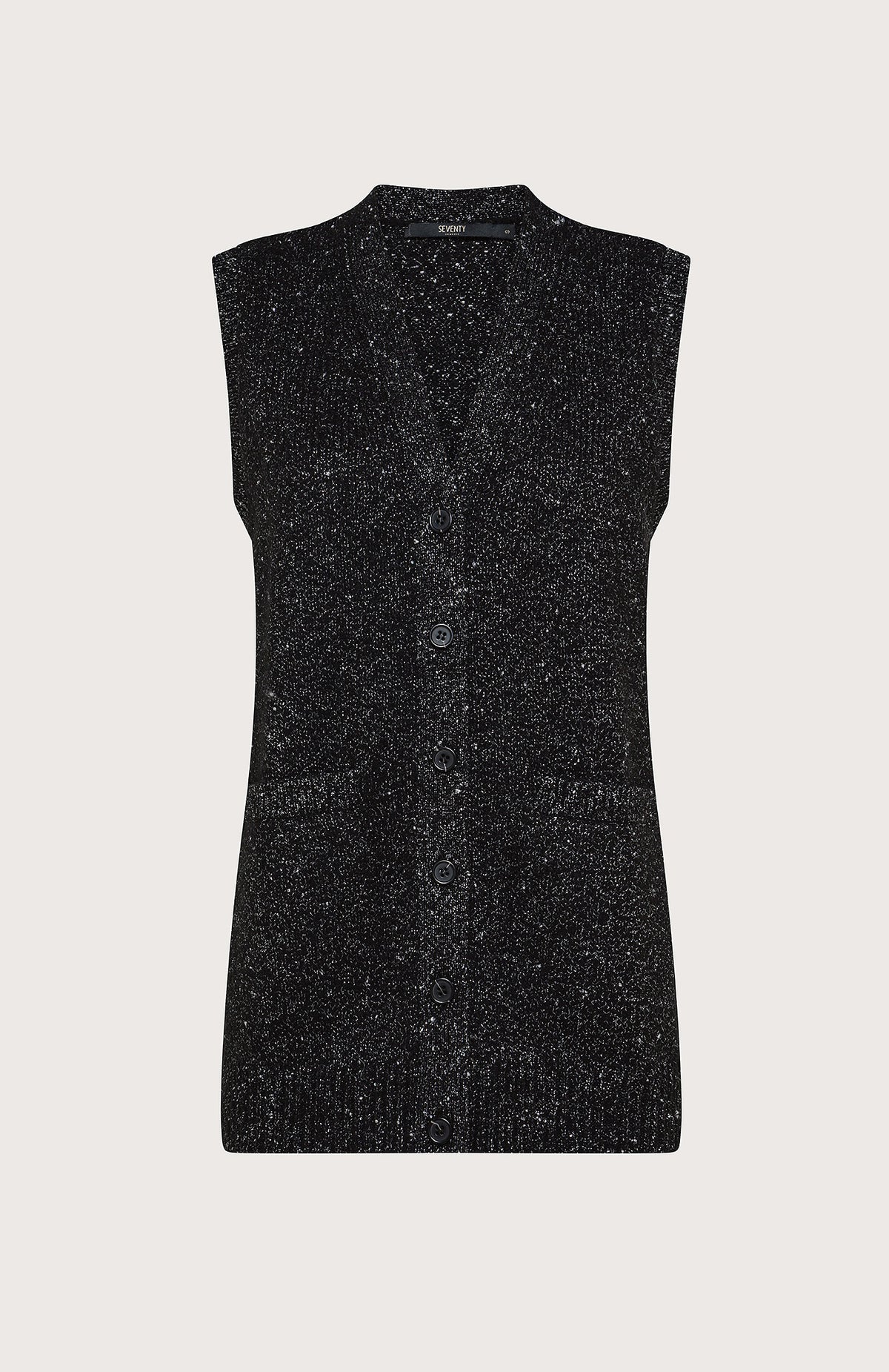 The SEVENTY VENEZIA - GILET VEST by SEVENTY is a sleeveless black knit vest in textured fabric, shown from the back against a plain light background—an elegant Italian-made layering piece.