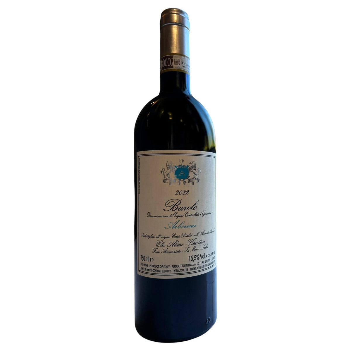 A 750 ml bottle of ELIO ALTARE ‘ARBORINA’ BAROLO 2022 from WINE: HAW RIVER WINE MAN, featuring a cream label with a blue crest, gold foil on the neck, and Italian text highlighting the Arborina vineyard, wine origin, and 15.5% alcohol content.