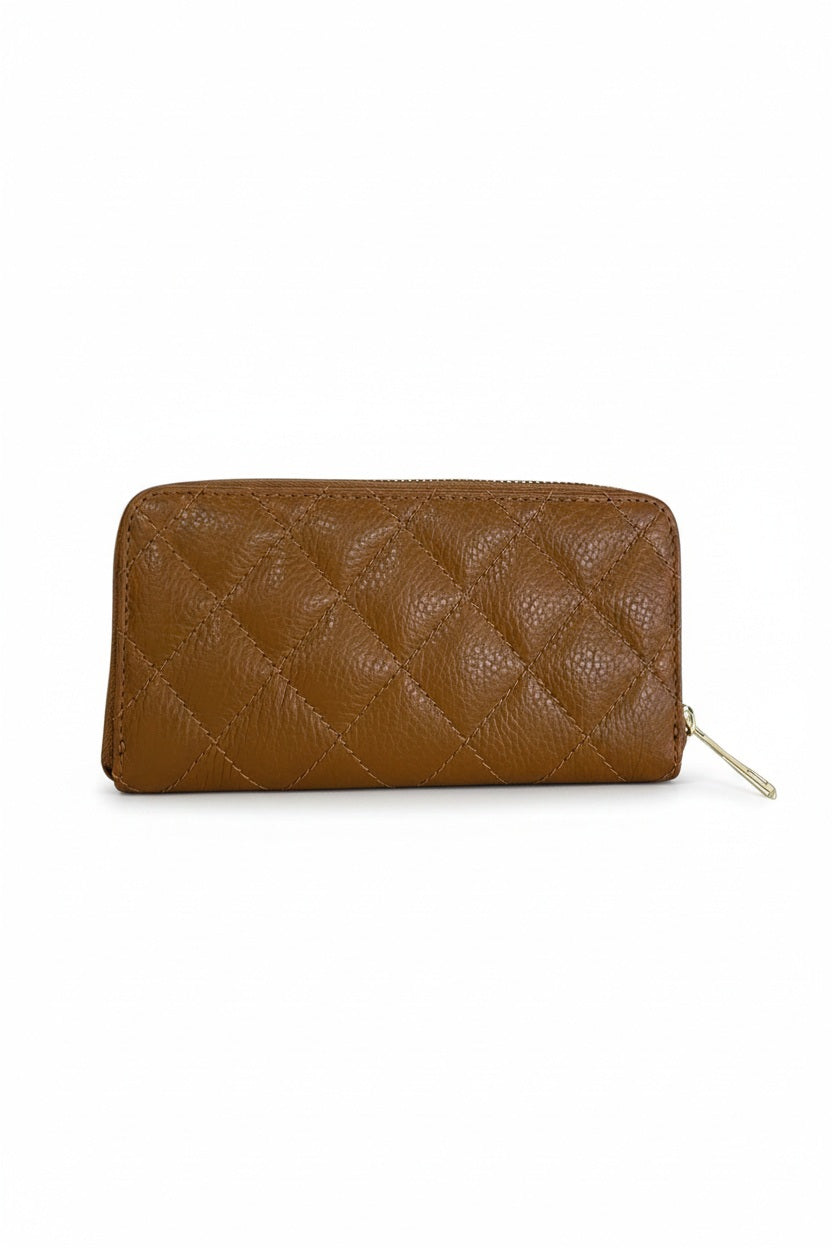 A light blue LE BORSETTE LEATHER QUILTED WALLET with diamond stitching on a white background features a zip-around closure, gold zipper pull, and multiple card slots.