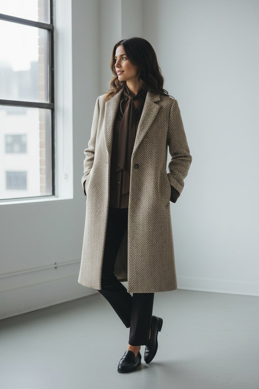 A sophisticated, single-breasted coat designed in a macro herringbone pattern on a white background. This SEVENTY coat, known as the SEVENTY - SINGLE BREASTED LUREZ MACRO HERRINGBONE COAT, features a notched lapel collar, long sleeves, and two buttons for closure. It’s crafted in light grey and white hues and proudly made in Italy with a label inside the collar that reads "Sustain.