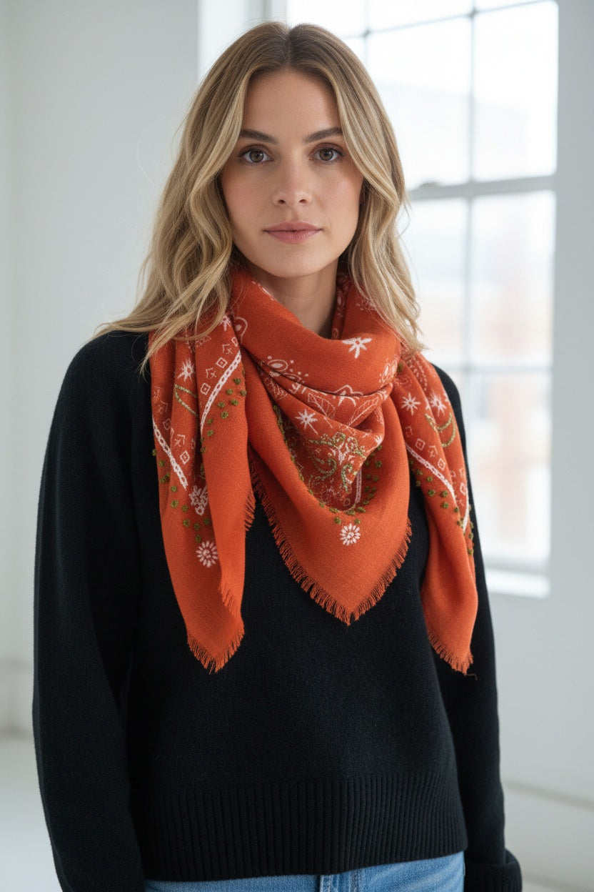The STORIATIPIC - NELLY WOOL BANDANA SCARF by STORIATIPIC is an orange wool accessory measuring 100x100 cm, featuring fringed edges and adorned with white and pink floral embroidery accented with green details. Elegantly arranged in a loose loop on a white background, this scarf offers both style and comfort.