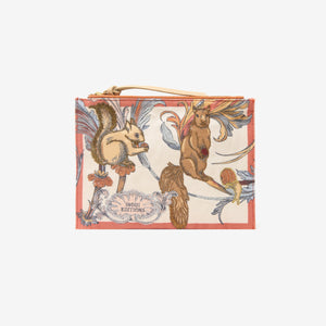 The INOUI EDITIONS - ROCOCO SQUIRREL EMBROIDERED POUCH by INOUI is a rectangular cotton pouch with colorful embroidery of two squirrels amid leaves and swirls, a zipper closure, and "INOUÏ EDITIONS" at the bottom center.