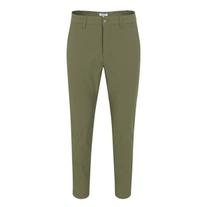 The COLLARS AND CO - Apex Tech Pants in Olive feature a slim fit, button closure, belt loops, and four-way stretch fabric for comfort, shown on a plain white background.