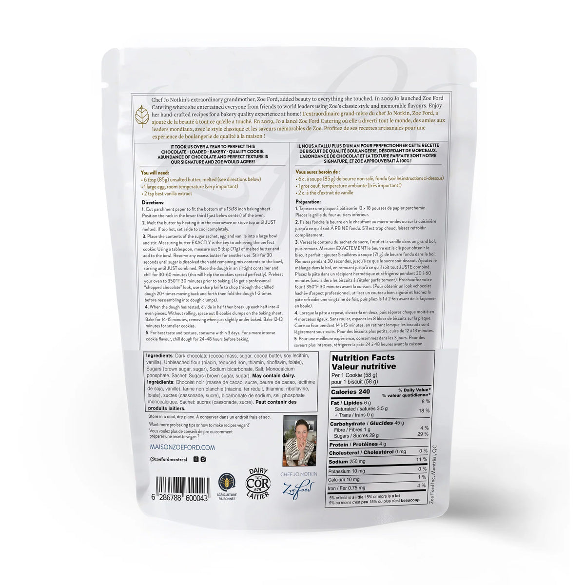 A white pouch of MAISON ZOE FORD BILLIONAIRE CHOCOLATE CHIP COOKIE Mix, showing stacked chocolate cookies with chocolate pieces and baking ingredients, promises an easy, bakery-quality cookie experience from MAISON ZOE FORD.