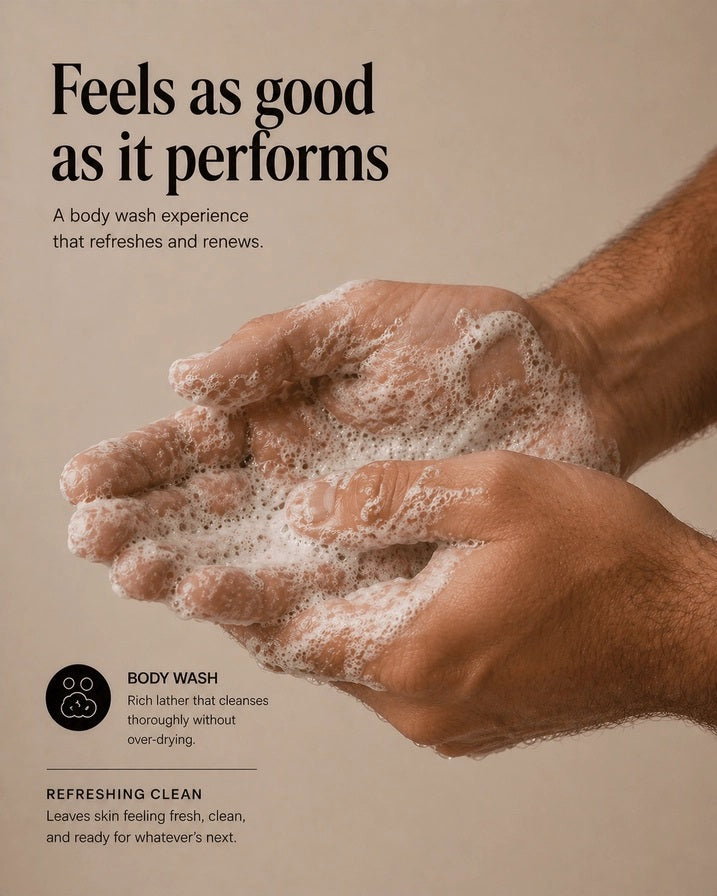 A beige bottle of HYGIENELAB BODY WASH, SANDALWOOD features a black pump dispenser and showcases a minimalist label with vertical lines and black text. The moisturizing formula contains natural ingredients, and the design clearly indicates the sandalwood scent on the front.