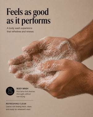 A beige bottle of HYGIENELAB BODY WASH, SANDALWOOD features a black pump dispenser and showcases a minimalist label with vertical lines and black text. The moisturizing formula contains natural ingredients, and the design clearly indicates the sandalwood scent on the front.