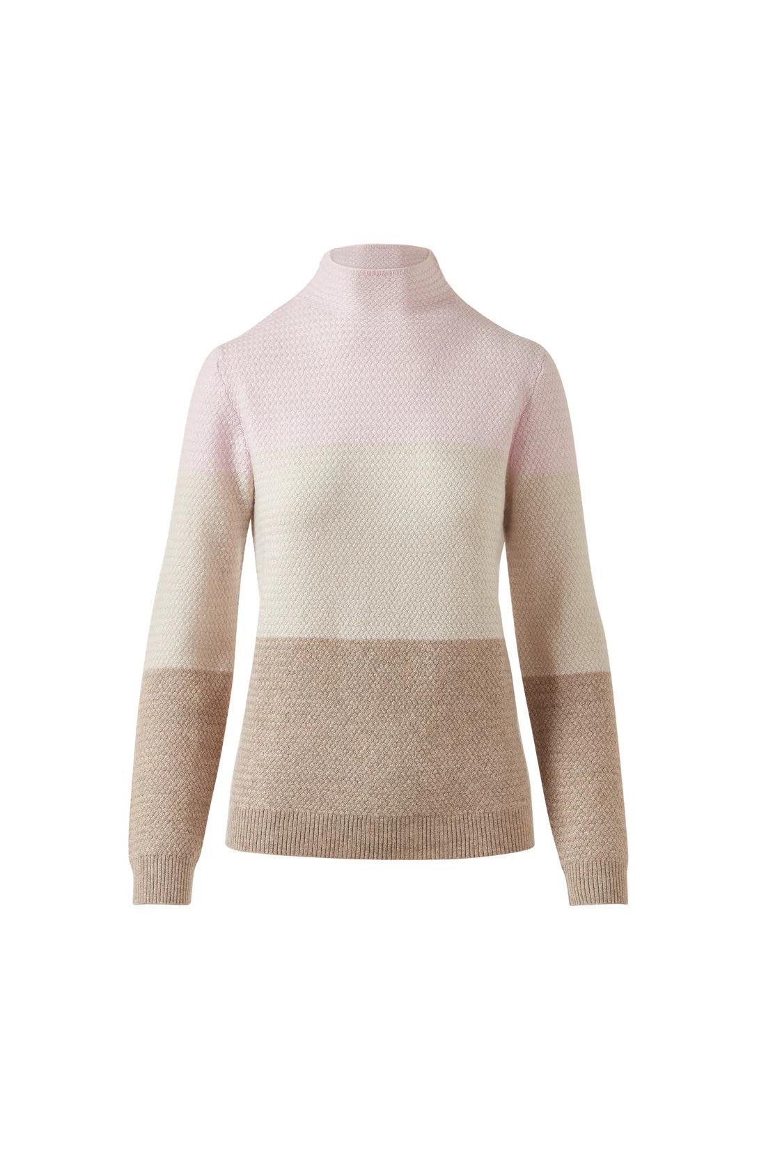 The KINROSS CASHMERE Textured Colorblock Funnel Neck Sweater by KINROSS features a luxurious knit, long sleeves, and a high neck in cream, gray, and light brown tones, shown on a white background.