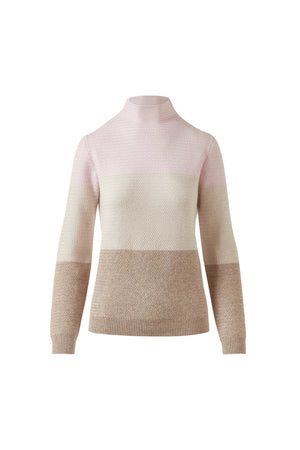 The KINROSS CASHMERE Textured Colorblock Funnel Neck Sweater by KINROSS features a luxurious knit, long sleeves, and a high neck in cream, gray, and light brown tones, shown on a white background.