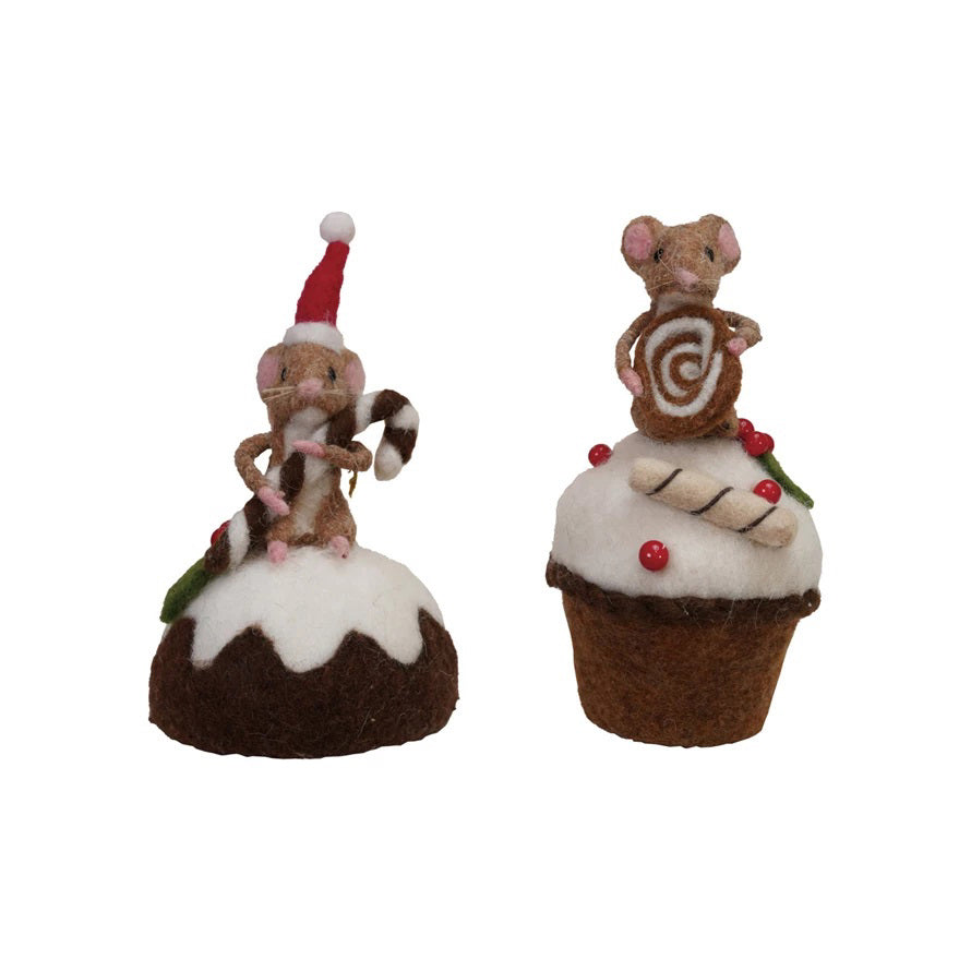 CREATIVE COOP HANDMADE FELT MOUSE ON CUPCAKE: Two styles—one mouse wears a Santa hat holding candy canes on a Christmas pudding, the other holds a swirl cookie on a cupcake with white icing and berries. Perfect for cake decorating.