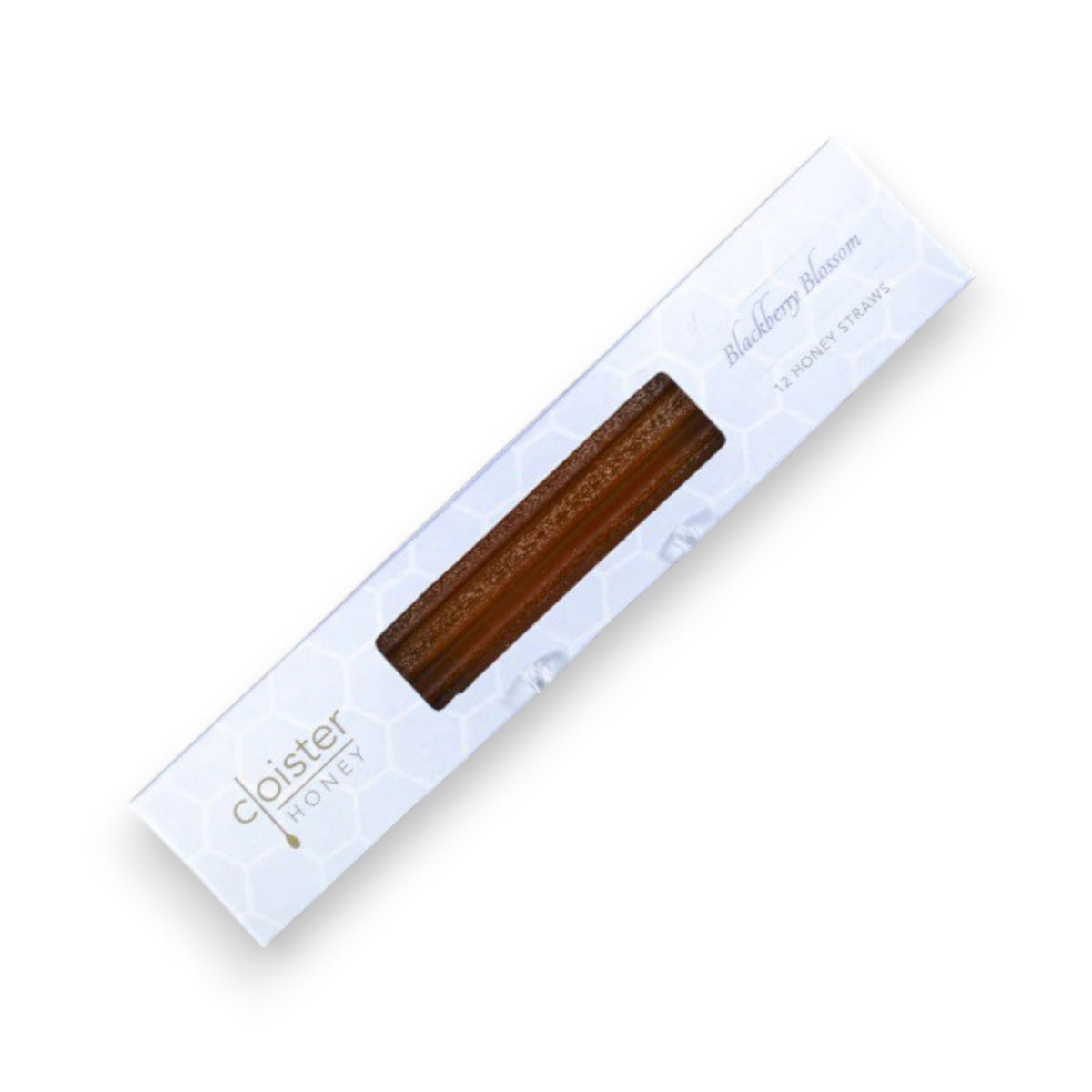 The white rectangular box labeled "Cloister Honey" has a transparent window displaying raw honey sticks. It features the "Blackberry Blossom Lemon Honey Straws" product name and "12 honey straws" against a subtle honeycomb design, making it an ideal healthy snack.
