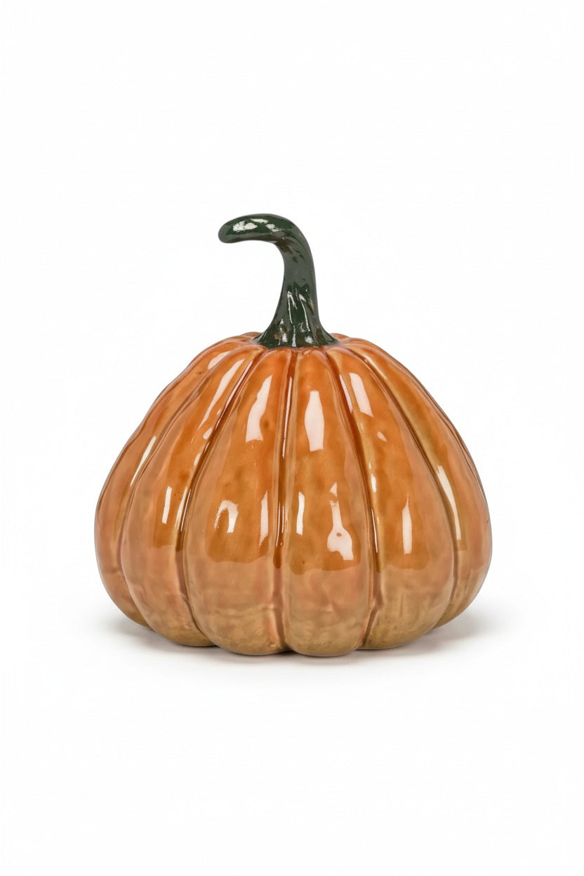 Four glazed ceramic decorative pumpkins and gourds in varying shapes and sizes, including a LARGE CERAMIC PUMPKIN, ranging from small white varieties to a large, ribbed orange pumpkin.