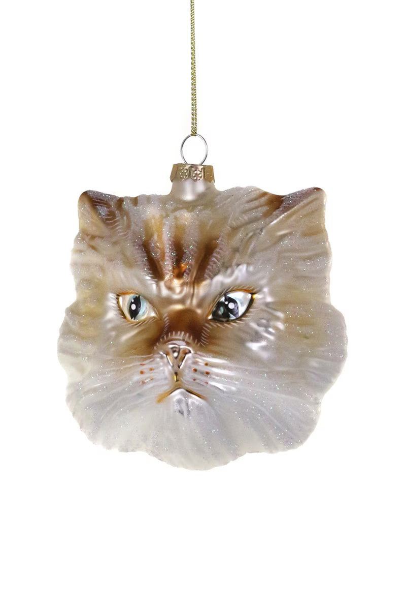 The CODY FOSTER CAT ORNAMENT is a 3.75&quot; Christmas tree decoration shaped like a cat’s face with brown and white fur, blue eyes, and a serious look, hanging from a gold string—a delightful touch for your holiday decor.