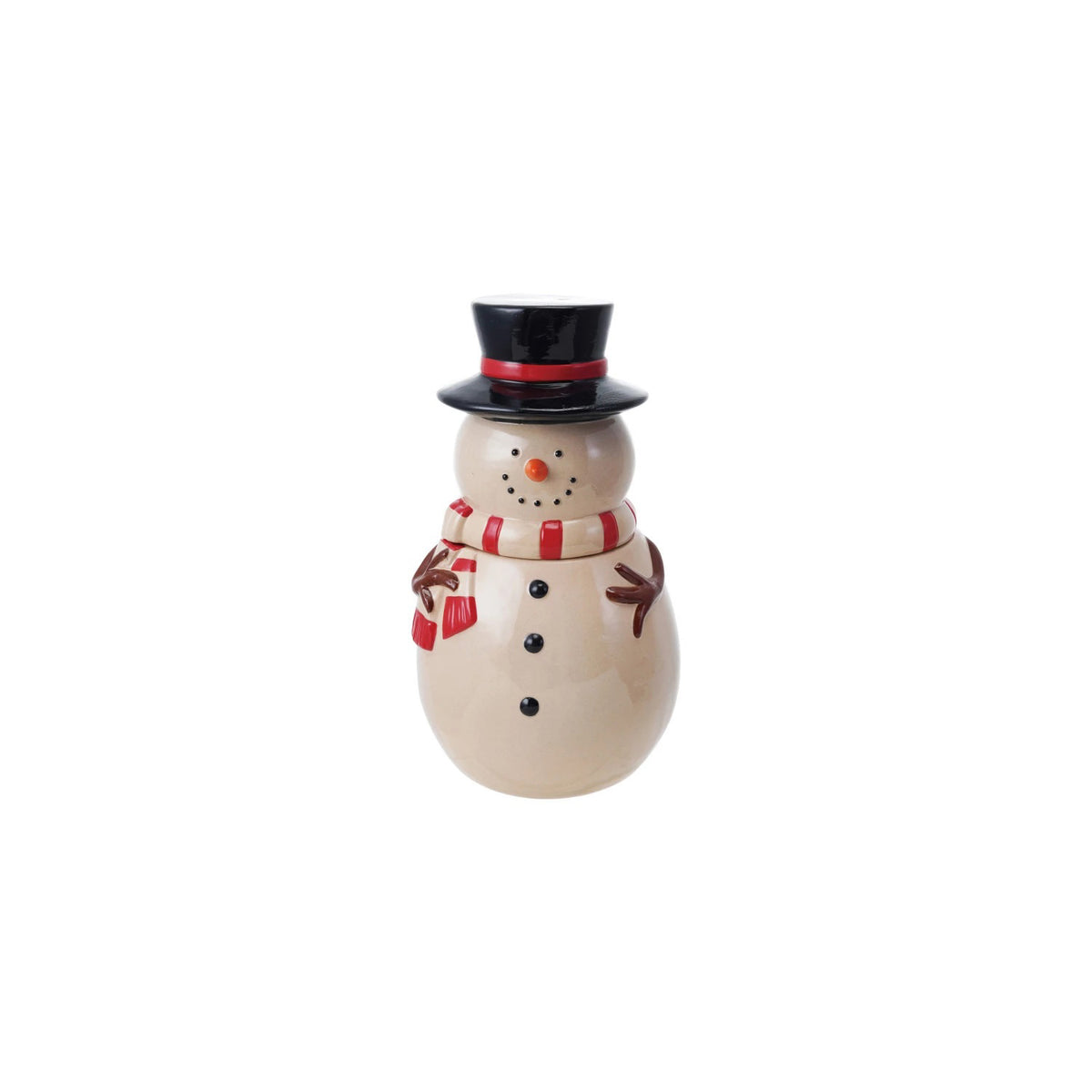 A CREATIVE COOP SNOWMAN JAR WITH LID, featuring a red scarf, black hat, and painted smile, is split in half on a beige surface with white pebbles spilling out between the head and body.