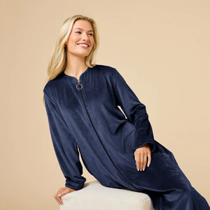 A long-sleeved, beige SOFTIES - SERENITY SHEAR MINK ZIP ROBE featuring a full-length zipper, round neckline, and two side pockets.