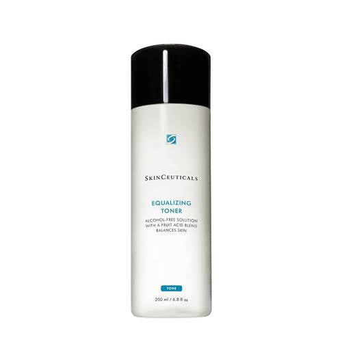 A white cylindrical bottle of SkinCeuticals Equalizing Toner with a black cap. The label reads &quot;Alcohol-Free Solution with a Fruit Acid Blend Balances Skin.&quot; This exfoliating toner contains hydroxy acids and holds 200 ml (6.8 fl oz) of product.