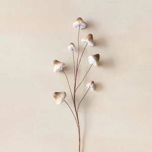 The MUSHROOM SPRAY STEM by CREATIVE COOP presents a delicate arrangement of small mushrooms with light brown caps on thin stems, set against a beige background, reminiscent of minimalist botanical art. This whimsical decor piece introduces nature's charm to your home, featuring enchanting foam and fabric mushrooms.