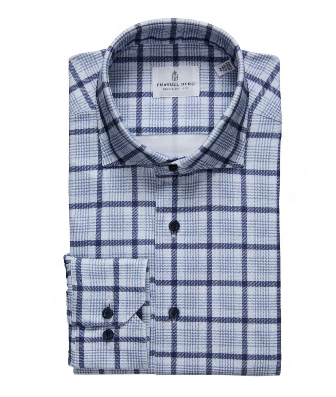 A folded EMANUEL BERG - MODERN 4 FLEX STRUCTURED KNIT SHIRT IN MEDIUM BLUE CHECK with visible collar and cuffs. This four-way stretch shirt features a blue check pattern, navy buttons, and combines comfort with polished style. Label reads "Emanuel Berg.
