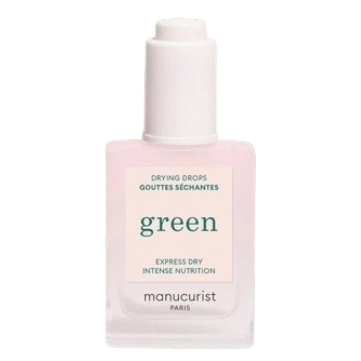 A bottle of MANUCURIST - GREEN™ DRYING DROPS by MANUCURIST INC features a white cap and contains a pale pink liquid. The label displays “Express Dry Intense Nutrition,” making it an ideal addition to your quick-dry manicure routine, as it nourishes cuticles for healthier, more beautiful nails.