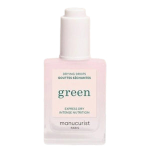 A bottle of MANUCURIST - GREEN™ DRYING DROPS by MANUCURIST INC features a white cap and contains a pale pink liquid. The label displays “Express Dry Intense Nutrition,” making it an ideal addition to your quick-dry manicure routine, as it nourishes cuticles for healthier, more beautiful nails.