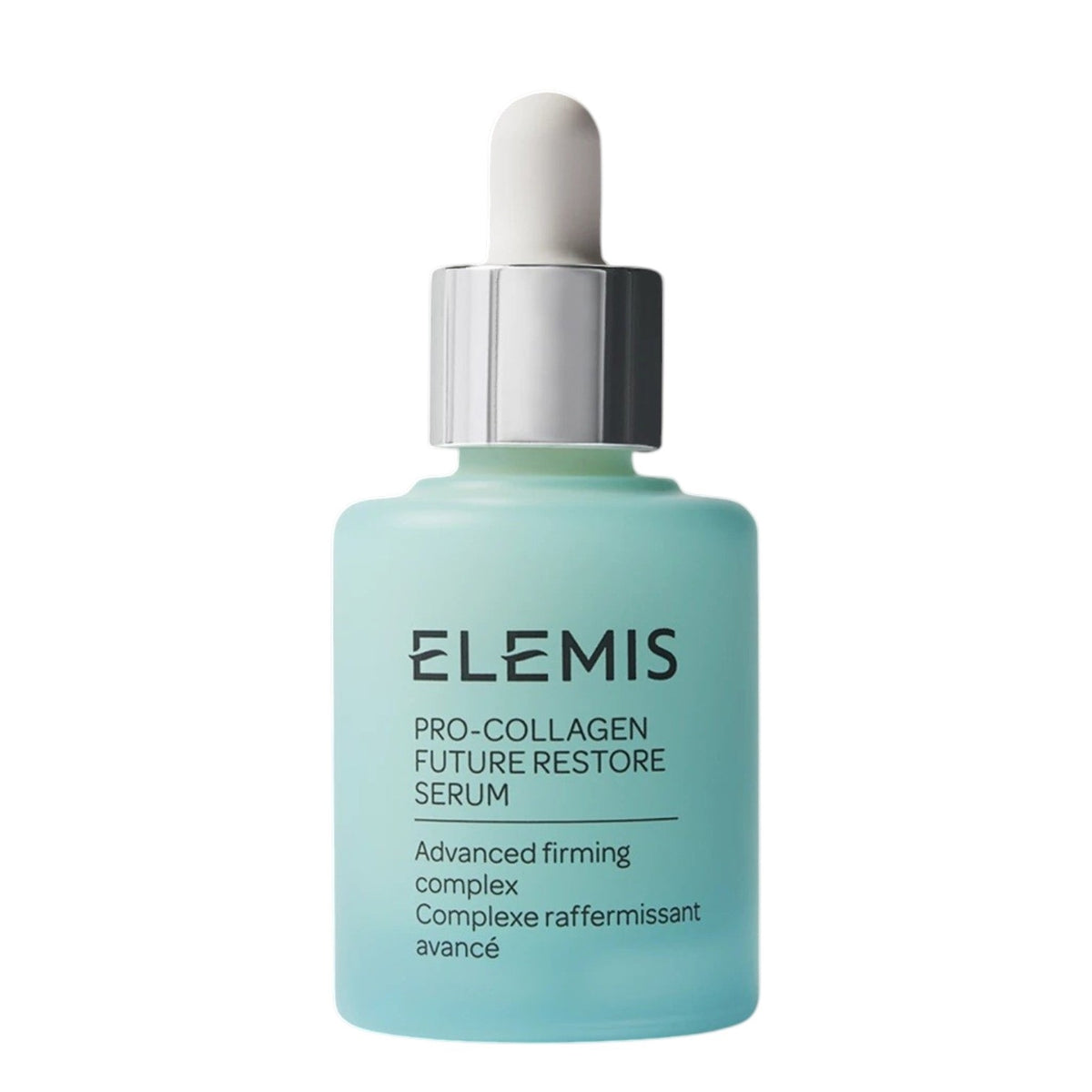 On a softly lit surface rests a bottle of ELEMIS - PRO-COLLAGEN FUTURE RESTORE SERUM by ELEMIS - STEINER, with text emphasizing its proven ability to firm skin and reduce wrinkles in just 4 days. Infused with potent marine actives and featuring the innovative opal skin algae complex, this serum represents the next generation of advanced skincare. A blurred hand is visible in the background.