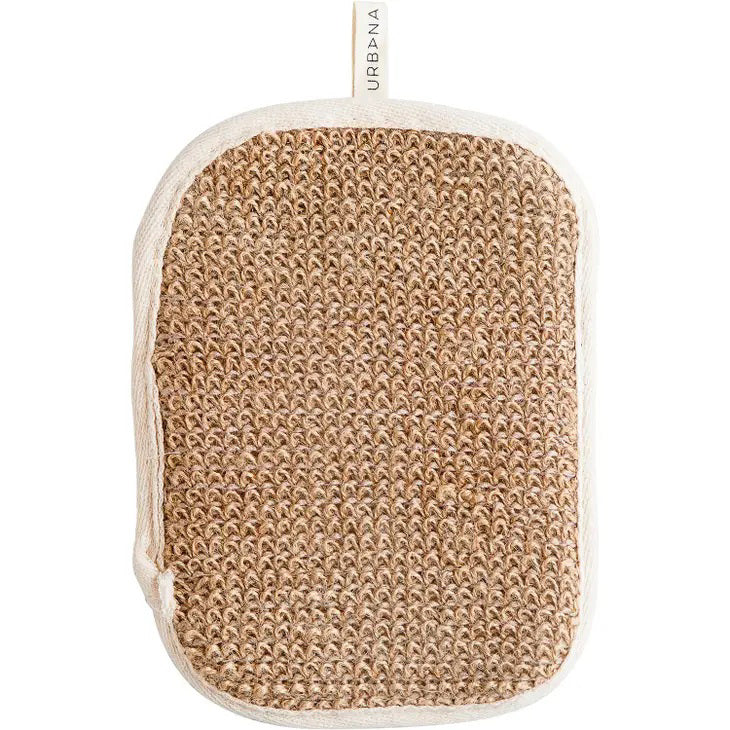The BAMBOO SOAP MITT by EUROPEAN SOAPS, LLC is a textured, oval-shaped exfoliating scrub pad with a woven surface. Bordered by a white fabric trim, it features a small white hanging loop at the top with &quot;URBANA&quot; printed on it, making it an essential addition to any home spa for natural bath products and personal care routines.