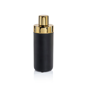 The ZODAX MONTE ORO Mixologist Cocktail Shaker in Black and Gold stands upright on a white background—a striking bar accessory for any modern home.