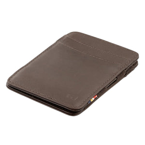 The GARZINI Magic Slim RFID-Blocking Leather Wallet in Brown by GARZINI is a slim, top grain leather wallet with multiple card slots and a small colorful fabric tag, offering RFID protection for your essentials. Displayed on a white background.