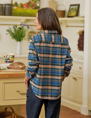 The FRANK & EILEEN Eileen Relaxed Button Up Shirt in Blue Green Navy Plaid features long sleeves, a collar, a roomy fit for easy layering, and the signature "Frank & Eileen Est 1947" label inside.