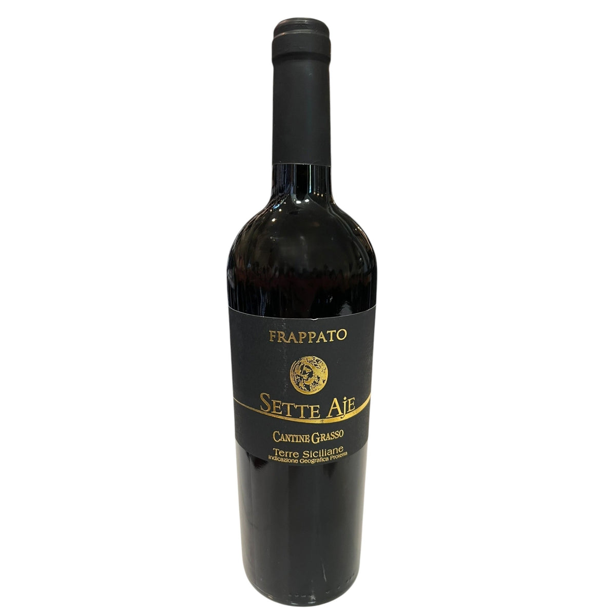 A bottle of CANTINE GRASSO FRAPPATO 2025 red wine with a black label, standing on a white surface in front of wine store shelves.